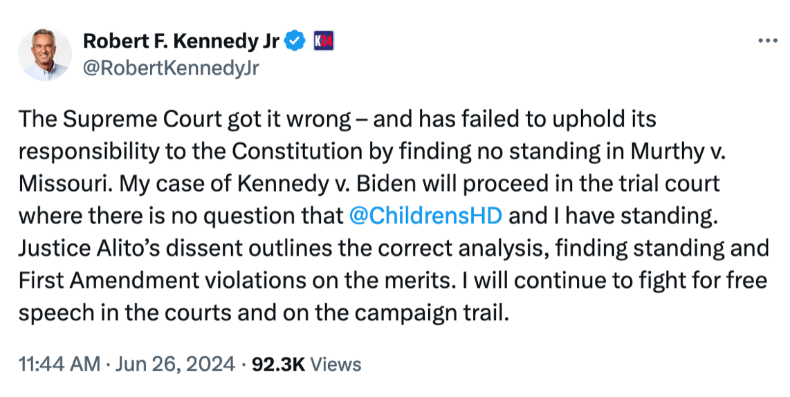 Robert F. Kennedy, Jr. tweet; from press release.